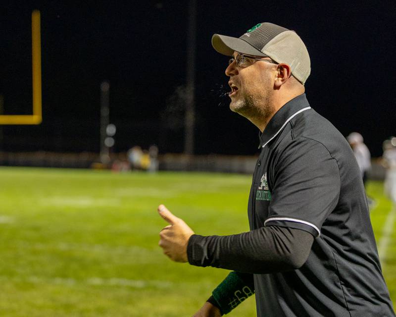 Seneca Assistant Coach Levi Derber, yells at Seneca’s defensive line after they let St. Bede get first down on Friday, Oct. 10, 2025 at Seneca High School in Seneca.