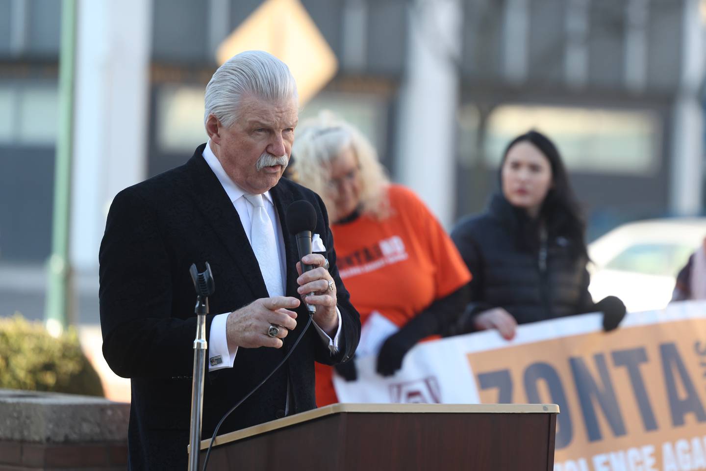 Will County State’s Attorney James Glasgow speaks during a rally for ZONTA Says No To Violence Against Women outside the old court house on Tuesday in Joliet.