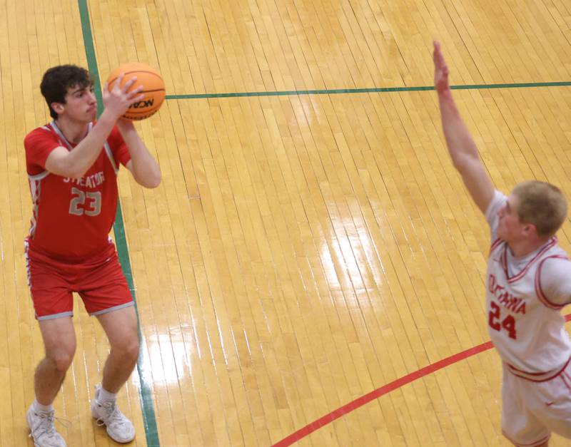 Streator's Colin Byers shoots a jump shot over Ottawa's George Shumway during the Class 3A Regional semifinal game on Wednesday, Feb. 25, 2026 in Sellett Gymnasium at L-P High School.