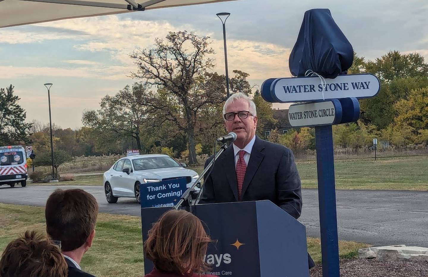 Joliet Mayor Terry D’Arcy speaks at Lightways Hospice and Serious Illness Care in Joliet for the dedication of Honorary Duane Krieger Drive on Tuesday, October 22, 2024.