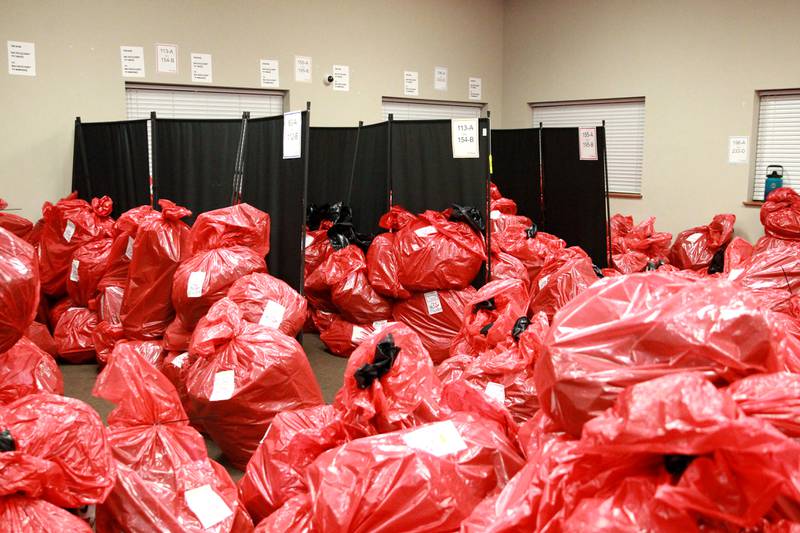Bags full of gifts are organized for 231 families in St. Charles School District 303 for the annual Big Hearts of Fox Valley Christmas Gift Sponsorship Program on Tuesday, Dec. 3, 2024.