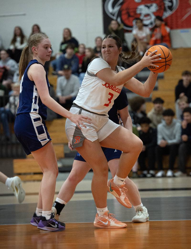Beecher's Allie Johnson, right, pulls down a rebound as Grace Christian's Kaitlyn Jorgensen, left, guards in a game on Monday, January 5, 2026.