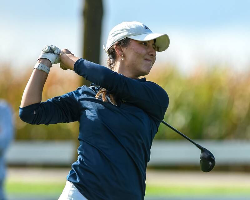 Neuqua Valley Sophie Lagman tees off the first hole during the reginal match held on Thursday Sep. 28, 2023, at Whitetail Ride in Yorkville.