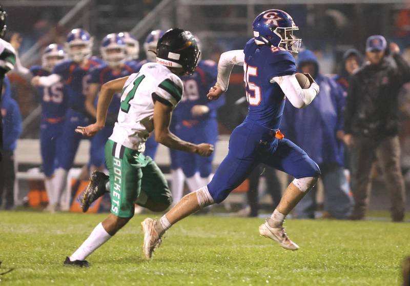 Genoa-Kingston's Peyton Meyer gets outside of the Rock Falls defense for a big gain during their game Friday, Oct. 13, 2023, at Genoa-Kingston High School.