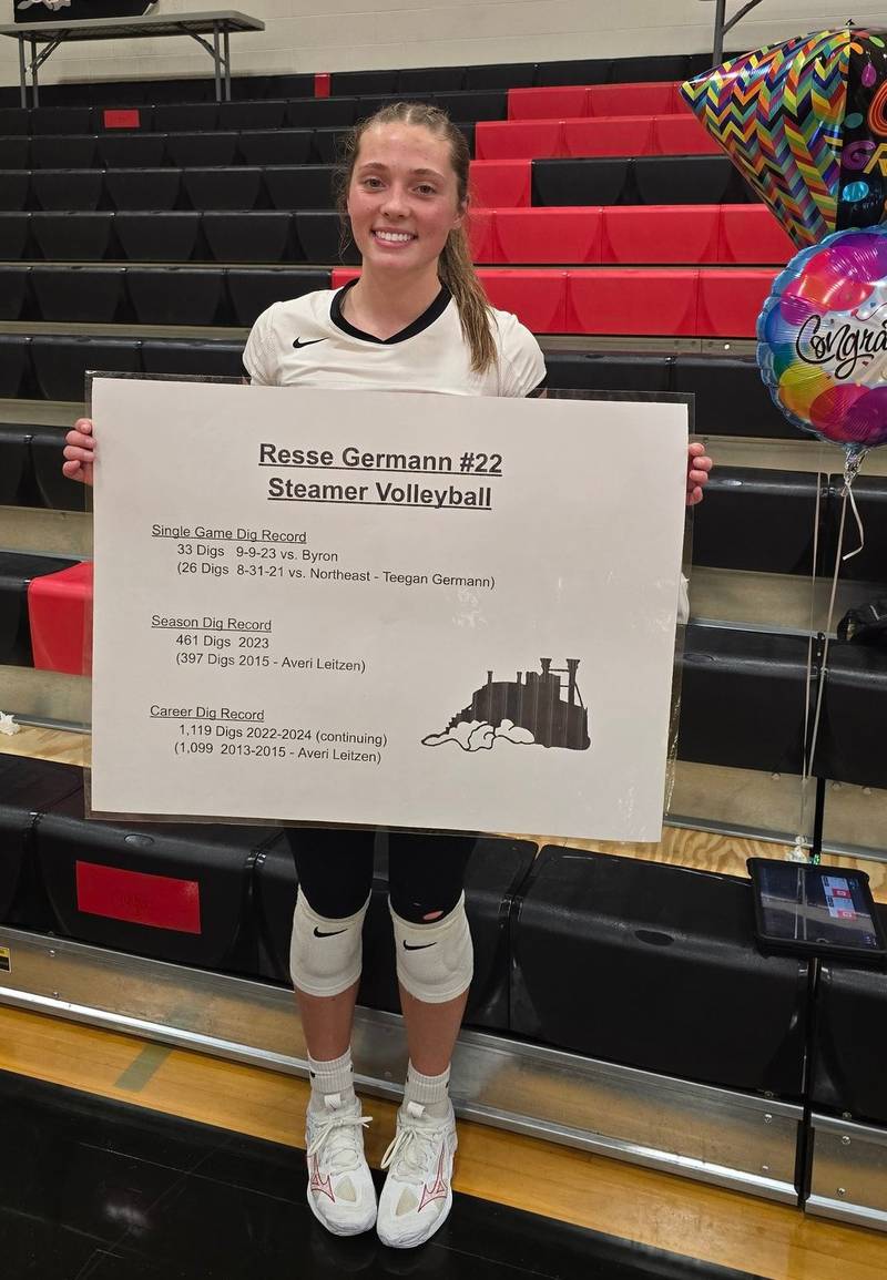 Fulton senior volleyball player Reese Germann is pictured after a home match against Ashton-Franklin Center on Thursday, Oct. 18, 2024. Germann was recognized for becoming Fulton's career digs leader. She also owns Fulton's single game and season digs records.