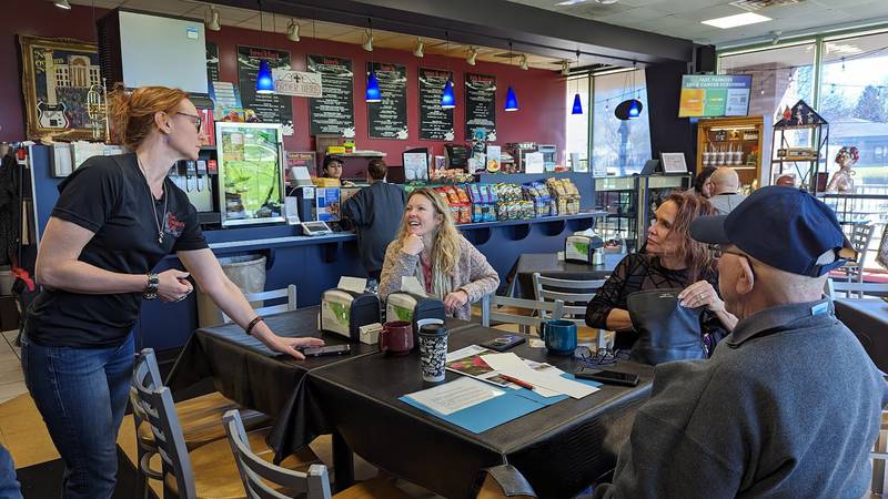 The Curator’s Café in Joliet hosted its second Artist Coffee Talk on Saturday, April 13, 2024, in Joliet. This is a drop-in and informal gathering of artists of any and all mediums and skills to network and discuss their works. Pictured (from left) is Deanna Gibson of The Curator's Cafe, Beverly Ann Wines, an art teacher for Minooka CCSD 201; Debra Volling of Joliet; and Ted Overcash of Joliet.