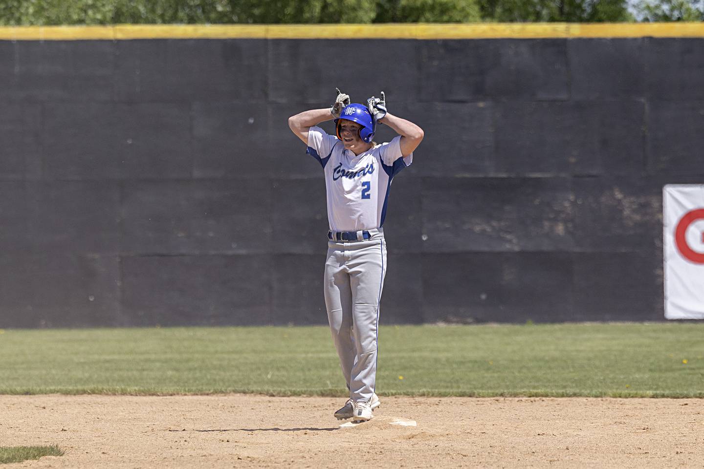 Newman’s Daniel Kelly celebrates an RBI double in a supersectional baseball game against Chicago Hope Monday, May 29, 2023.