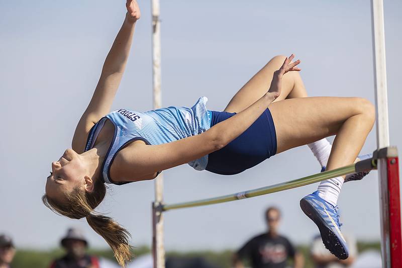 Bureau Valley’s Jillian Hulsing clears the bar and qualifies for  state Wednesday, May 10, 2023 at the class 1A Erie girls track sectional.
