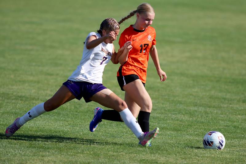 Crystal Lake Central’s Mia Murphy, right, races  Hononegah’s Addison Johann for the ball in IHSA Class 2A Sectional Semifinal girls soccer on Monday, May 25, 2026 at Crystal Lake Central High School in Crystal Lake.