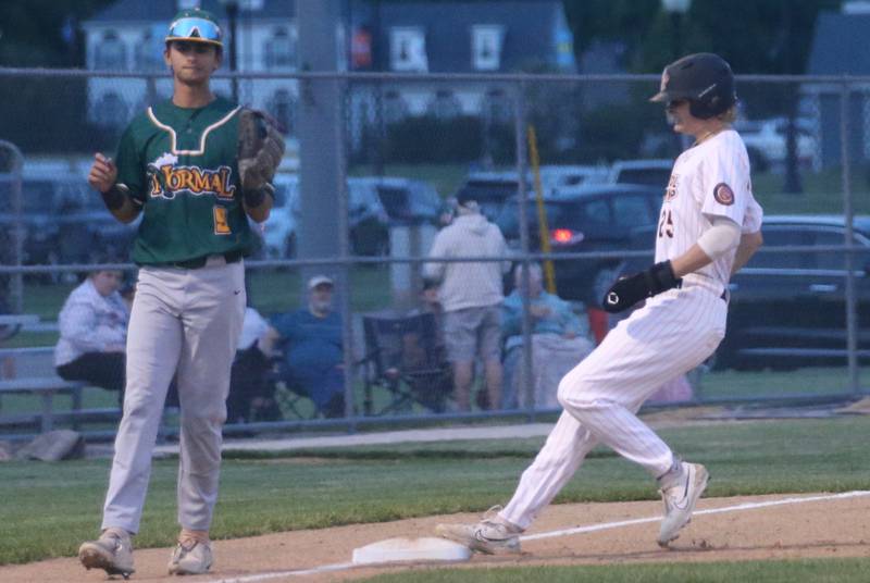 Pistol Shrimp's Will Ashley makes his way to third base against the Corn Belters during the home opener in Schweickert Stadium on Thursday, May 30, 2024 at Veterans Park in Peru.