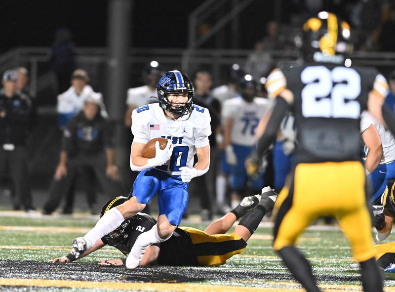 Lincoln Way East's running back Brody Gish runs the ball during a non-conference game against Andrew on Friday, Oct. 18, 2024, at Tinley Park. (Dean Reid for Shaw Local News)