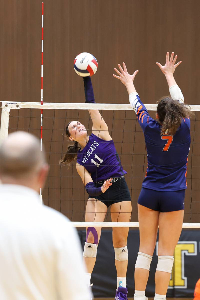 Wilmington's Molly Southall hits under pressure during the Wildcats' loss in three sets, 25-16, 22-25, 17-25, to Pontiac in the IHSA Class 2A Herscher Regional championship on Thursday, Oct. 30, 2025.