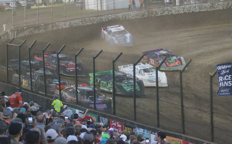 Racers come out of turn one during the season opening race on Tuesday, May 6, 2025 at La Salle Speedway.