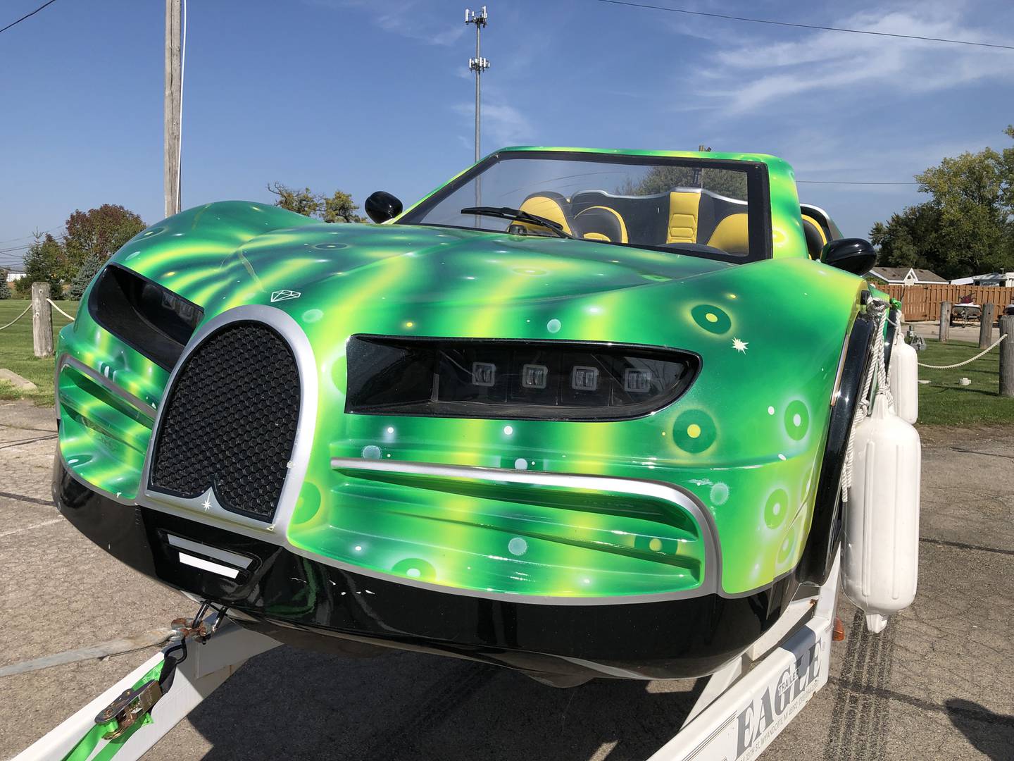 Chicago-based Luxury Jet Cars LLC put in at Port of Blarney on Thursday, Oct. 2, 2025. The company plans to lease the boats - made to look like luxury brand autos - into October and then next year on the Chain O' Lakes