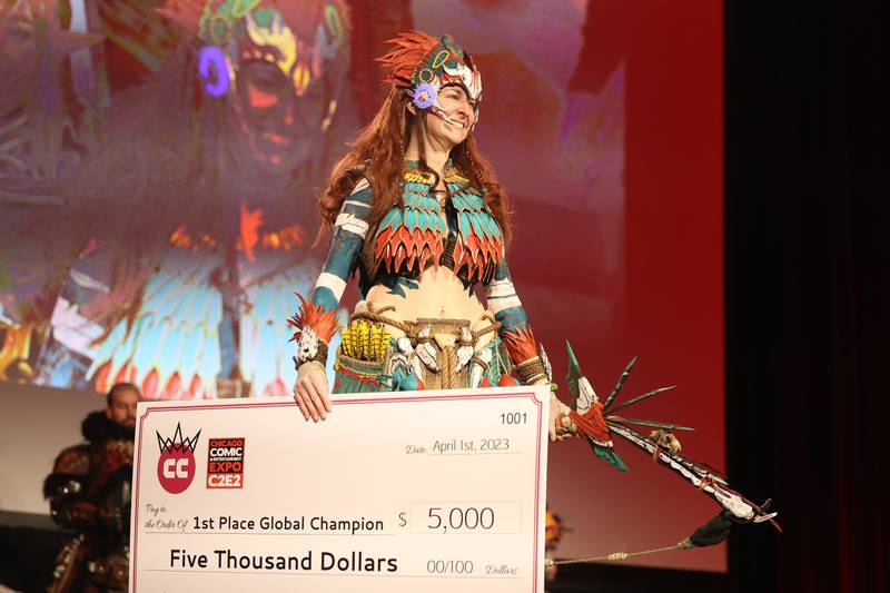 Cosplayer Nerds Gone Mild Cosplay, dressed as Aloy from the video game Horizon, sweeps all three rounds, winning the Chicago regional, then wins the National title and goes on to win the 2023 Cosplay Central Global Crown Championship at C2E2 Chicago Comic & Entertainment Expo on Saturday, April 1, 2023 at McCormick Place in Chicago.