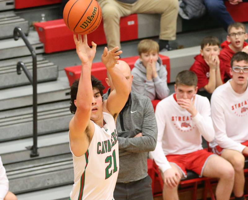 L-P's Josh Senica shoots a wide-open three point basket over Streator on Thursday, Jan. 28, 2023 at L-P High School.