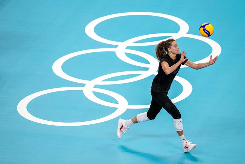 United States' Kelsey Robinson takes part in a team training session at Ariake Arena at the 2020 Summer Olympics, Thursday, July 22, 2021, in Tokyo, Japan.