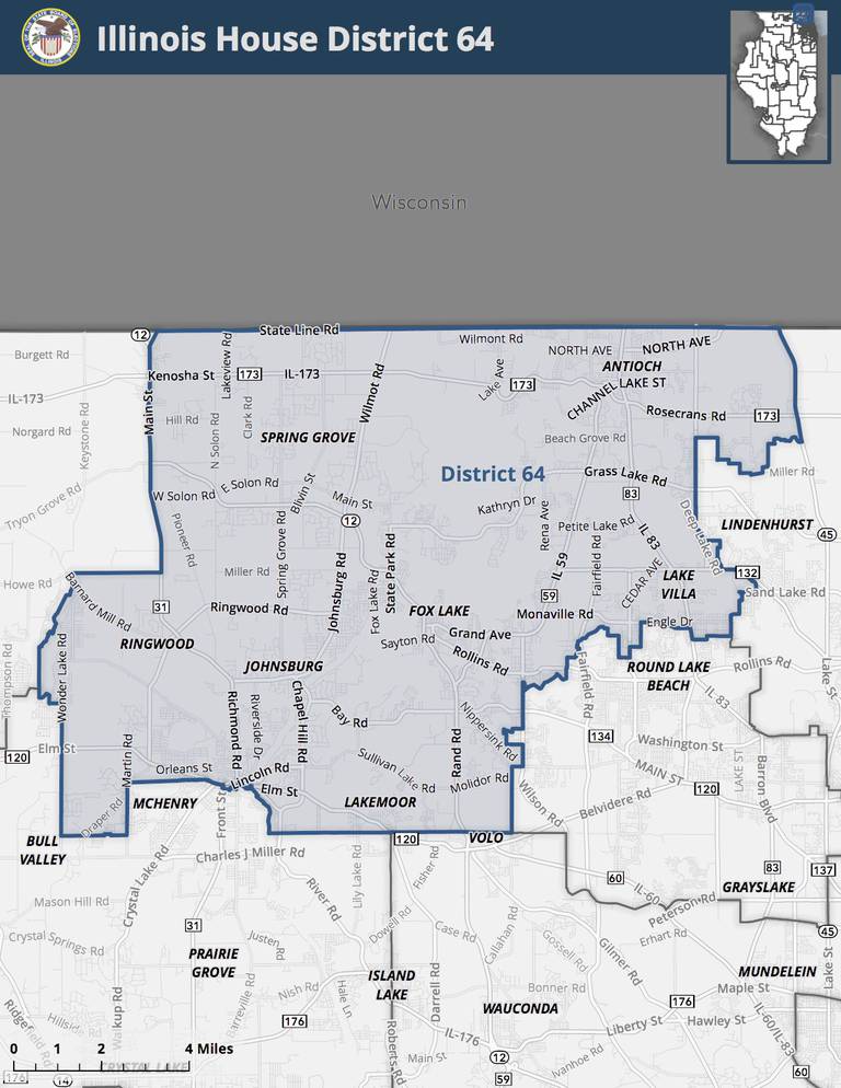 District 64 comprises much of the northern portions of McHenry County, stretching from Bull Valley in the west, along the northern half of McHenry, Johnsburg, and into Lake Villa in Lake County.