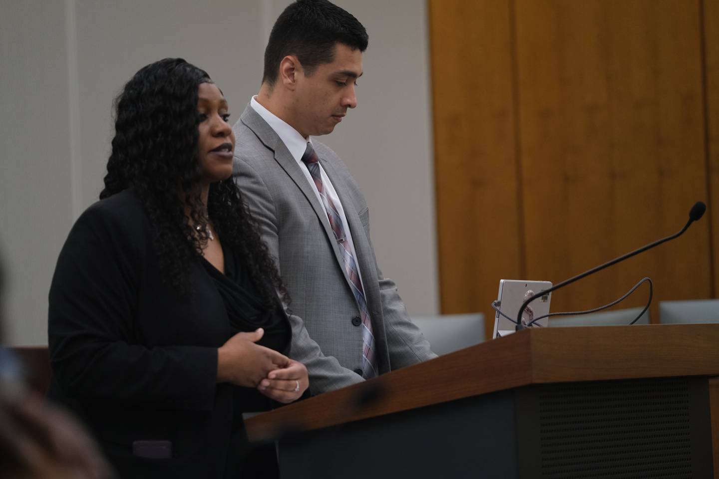 Will County Assistant Public Defender Shenonda Tisdale delivers closing arguments in the trial of Robert Watson, 29, on Thursday, May 11, 2023, at the Will County Courthouse. Fellow defender Andrew Sanchez stands next to her. Watson is charged with the murder of Burgarino on March 24, 2019, at the Harrah's casino hotel in Joliet.