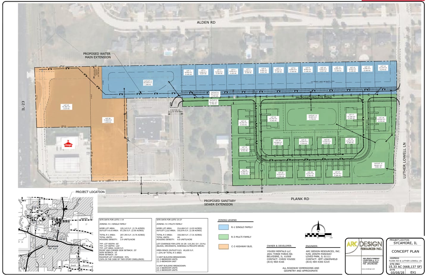 A developer has proposed building multiple single-family and multi-family homes, including condominiums, on 12 acres of land in Sycamore.  The land, shown here on Thursday, April 17, 2024, is on the city's north side, at the corner of Plank and Luther Lowell roads, behind the DeKalb County History Center, across from North Grove Crossings, adjacent to the Heron Creek neighborhood and east of Casey's General Store.