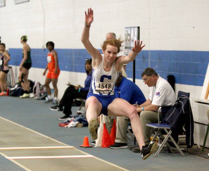 Burlington Central’s Paige Greenhagel competes in the 2A long jump finals during the IHSA Girls State Championships in Charleston on Saturday, May 21, 2022.