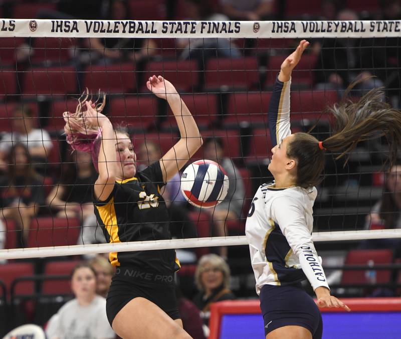 Riverdale's Kenadie Willemkens reacts during a play at the net in the Rams' 2A semifinal match with Central Catholic at the state volleyball tournament at Illinois State University on Friday, Nov. 14, 2025.