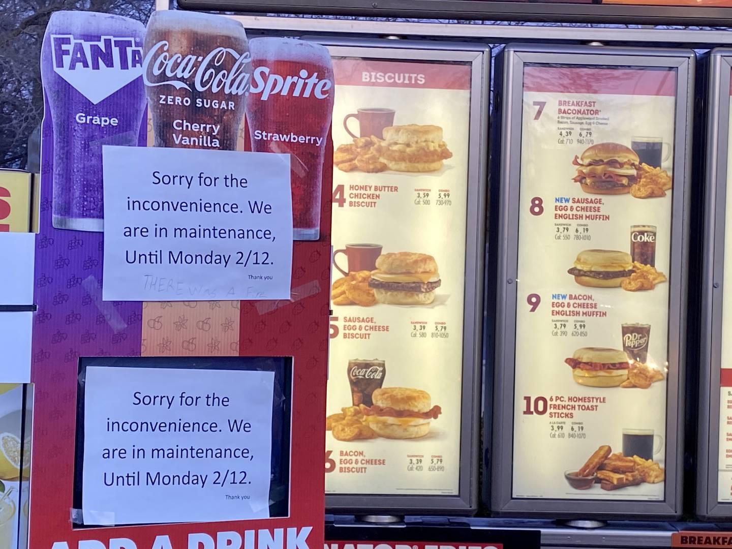 Wendy's fast food restaurant drive-thru, 1321 Sycamore Road, on Sunday, Feb. 11, 2024, after a Saturday fire. The city of DeKalb ruled the building uninhabitable Saturday after the incident. Another sign on the building states its closed for maintenance until Monday, Feb. 12, 2024.