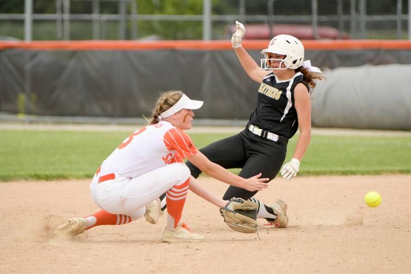Glenbard North's Bella Eggert slides safely into second on the late tag by St. Charles East's Abby Arend during the Class 4A St. Charles East Sectional semifinal on Tuesday, May 31, 2022.