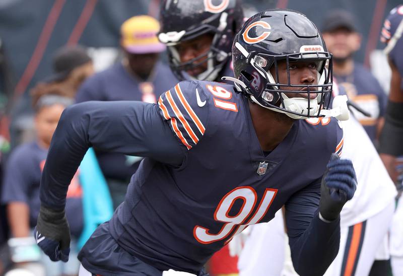 Chicago Bears defensive end Dominique Robinson gets loose before the Bears take on the Kansas City Chiefs Sunday, Aug. 13, 2022, at Soldier Field in Chicago. The Bears beat the Kansas City Chiefs 19-14.