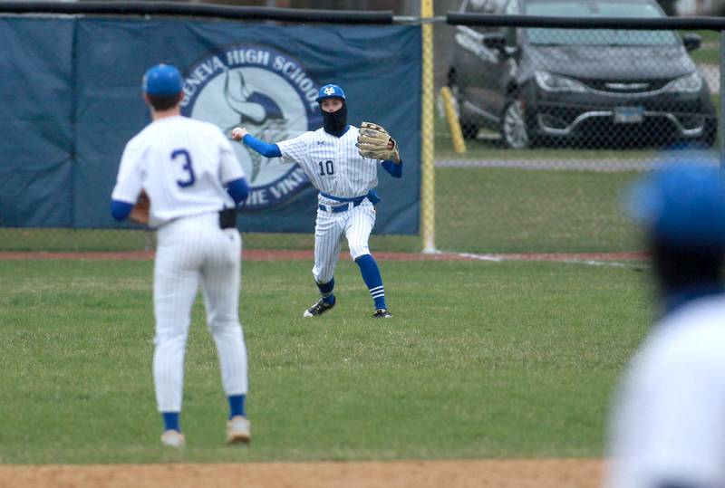 Geneva's Josh Frieders throws the ball in after a grounder to right field during a game against Waubonsie Valley on Wednesday, April 9, 2025 in Geneva.