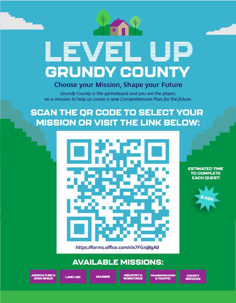 Grundy County residents are asked to scan the QR code or follow the link in this flyer to help Grundy County develop its Comprehensive Plan.