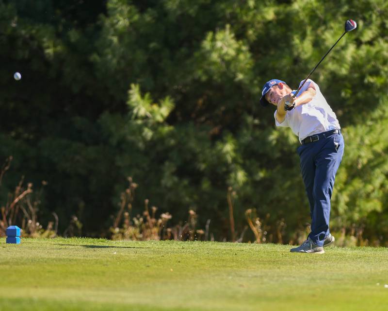 Geneva's Brandon Burggraf tees off on Monday Oct. 7, 2024, during the 3A sectional match held at Blackberry Oaks Golf Course in Bristol.