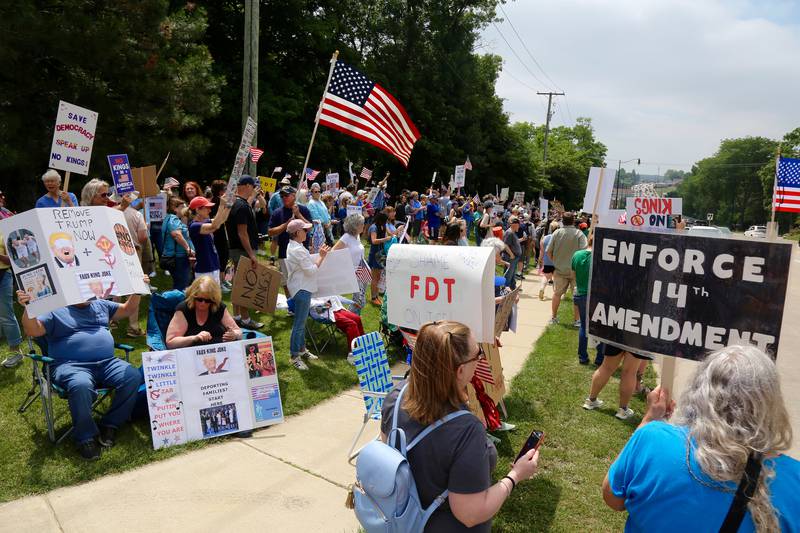 A large crowd lined several blocks of Route 47 at the No Kings Protest in Yorkville on Saturday, June 14, 2025.