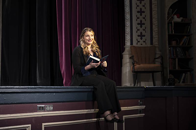 Narrator Molly Oliver leads the show during the rehearsal of “Puffs” Wednesday, Nov. 1, 2023 at Dixon High School.