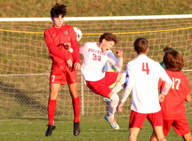 Streator's Evan Graff miss judges where the ball lands as L-P's Adrian Gonzalez defends during the Class 2A Regional semifinal game on Monday, Oct. 20, 2025 at Ottawa High School.