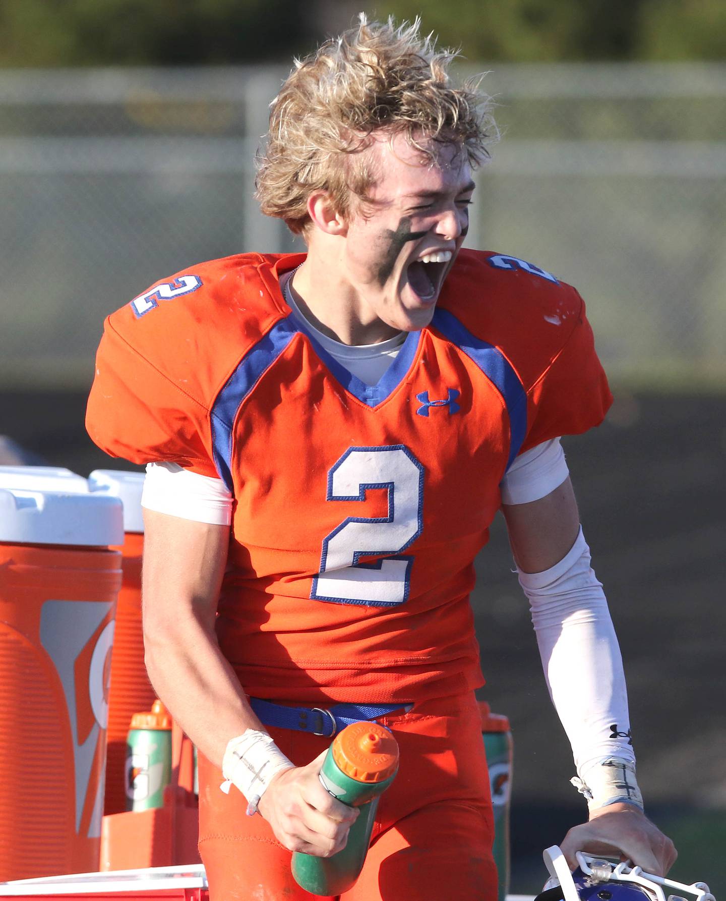 Genoa-Kingston's Brody Engel celebrates after intercepting a St. Francis' pass Saturday, Nov. 6, 2021, during their IHSA Class 4A playoff game at Genoa-Kingston High School.