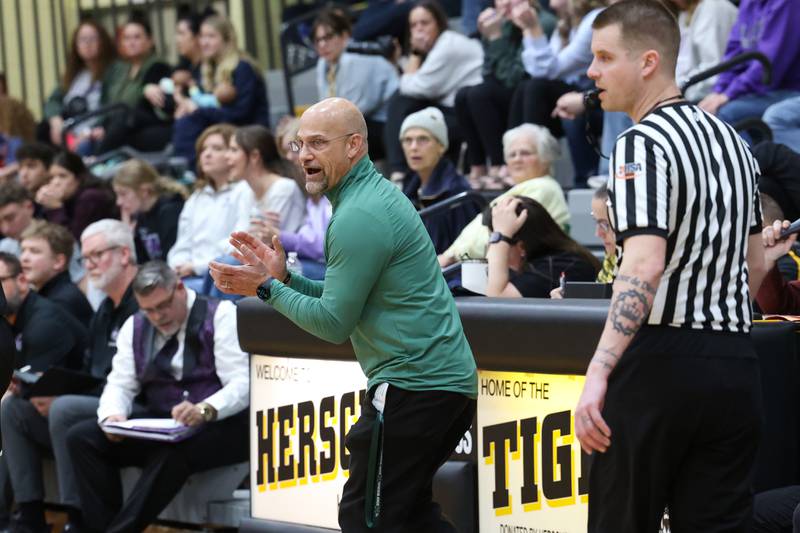 Bishop McNamara head coach Adrian Provost applauds a scoring play during the Fightin' Irish's 66-52 victory over El Paso-Gridley in the IHSA Class 2A Herscher Regional championship on Friday, Feb. 27, 2026.