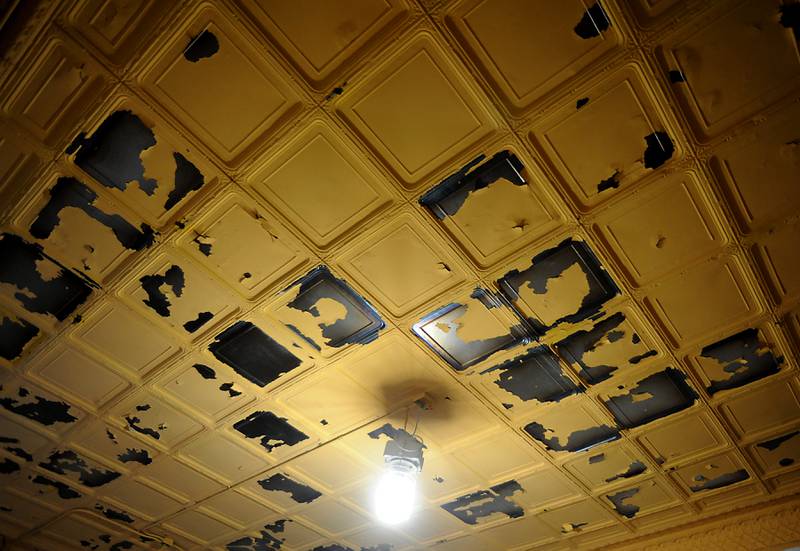 A section of a tin celling that will be restored in the Old Courthouse and Sheriff’s House in Woodstock on Tuesday, March, 1, 2022, as the renovation of the building continues.
