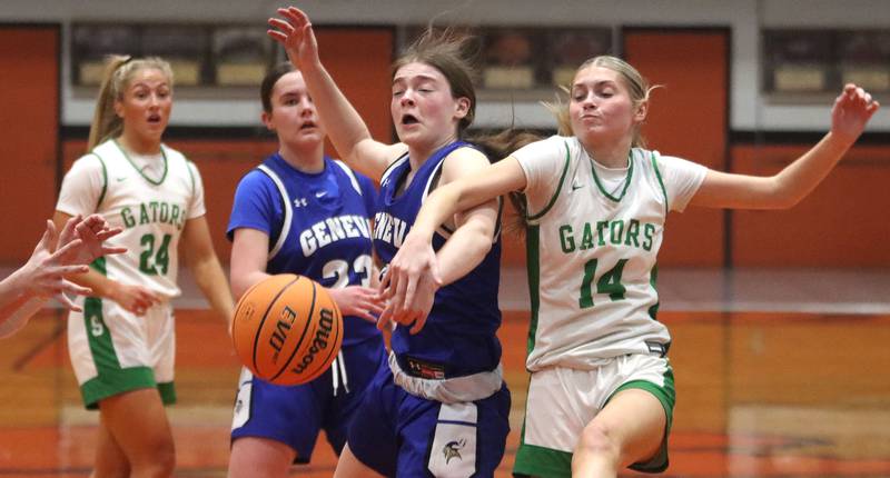 Crystal Lake South’s Makena Cleary, right, battles Geneva’s Linnea Popp for the ball in girls IHSA Class 3A Sectional Championship basketball on Thursday, Feb. 26, 2026, at Crystal Lake Central High School in Crystal Lake.
