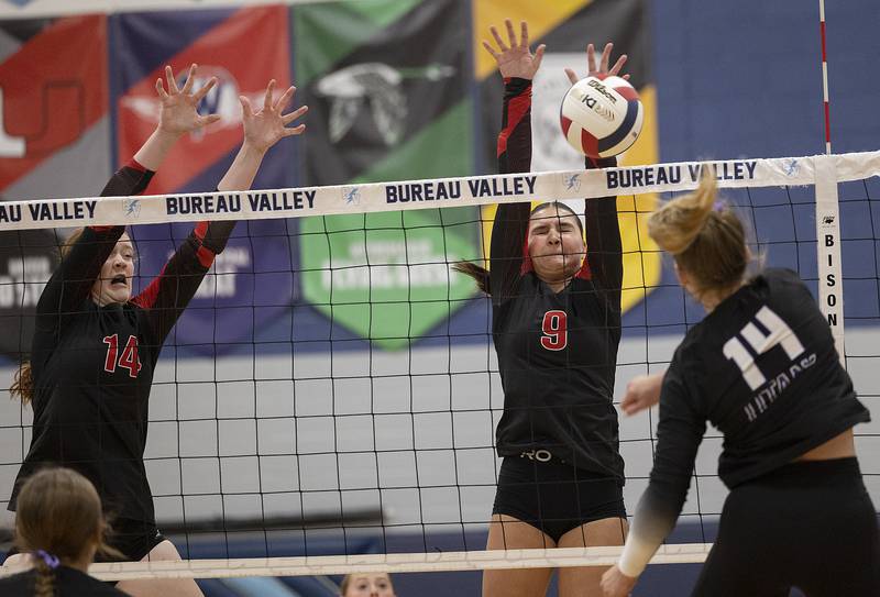Erie-Prophetstown’s Ashlyn Johnson goes up for a block against El Paso-Gridley’s Addi Hale Thursday, Nov. 7, 2024, during the class 2A volleyball sectional championship at Bureau Valley High School.