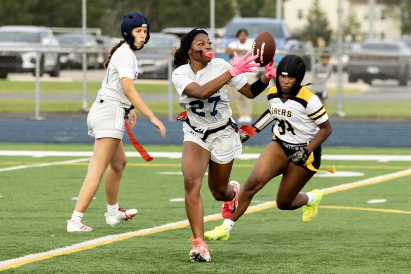 Plainfield South’s Kimoree Patrick makes a play during a home game against Joliet West on Aug. 27, 2025.