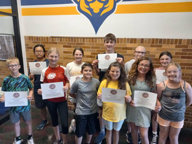 The fourth quarter recipients are fifth graders Kinleigh Dall, Alexis Mecum, Brody Merkel and Sadie Rutledge; sixth graders Lily Simpson and Kylee Johnston, seventh graders Liberty Sousa and Deacon Gutshall and eighth graders Stephanie Ni and Blake Miller.
