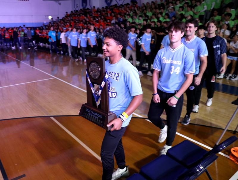 The 2023 Nazareth baseball team were honored for their IHSA state baseball championship during a homecoming pep rally at the La Grange Park school on Friday, Sept. 29, 2023.