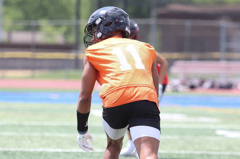 Lincoln-Way West wideout Austin Rowswell waits for the snap during a 7-on-7 scrimmage at Lincoln-Way East on Tuesday, July 18th, 2023 in Frankfort.