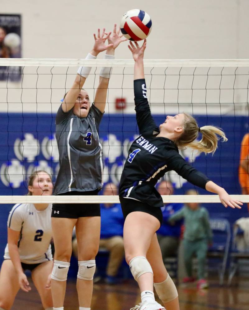 Princeton's Lily Keutzer and Newman's Katy Grennan battle at the net Thursday night at Prouty Gym.