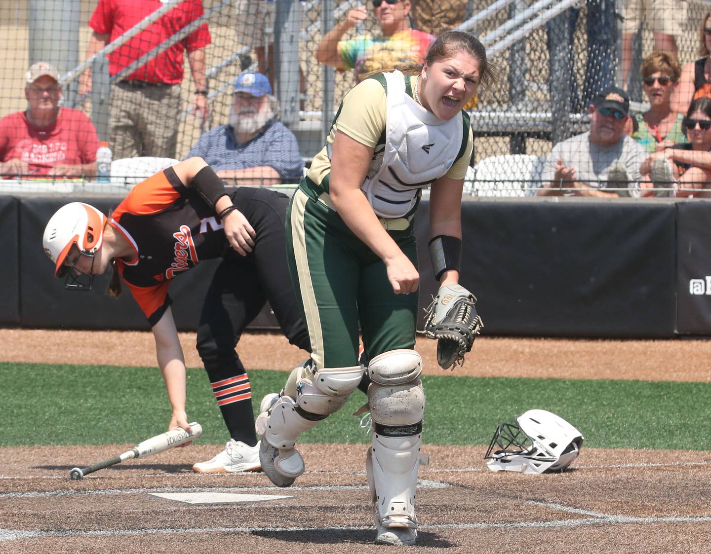 St. Bede catcher Bella Pinter reacts after tagging out Illini Bluffs player Anna Tibbs at the plate in the Class 1A State championship game on Saturday, June 3, 2023 at the Louisville Slugger Sports Complex in Peoria.