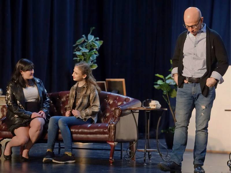 Cleetus Friedman (right) as the title character in "Jake's Women" rehearses a scene with Brooke Shinberg (left) and Ariana Lesman (center) at Stage 212 in La Salle.