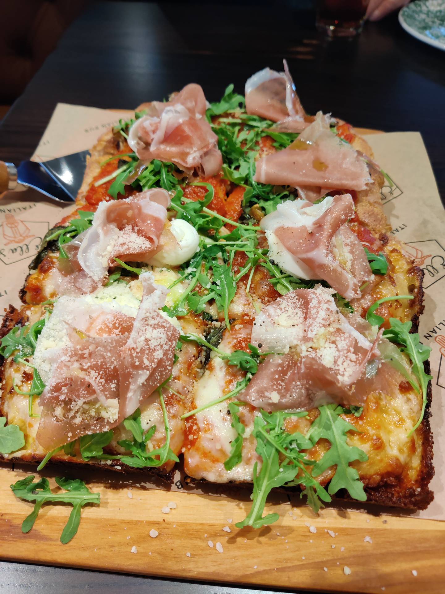 Prosciutto, arugula and burrata pizza at Ella's Italian Pub in Geneva