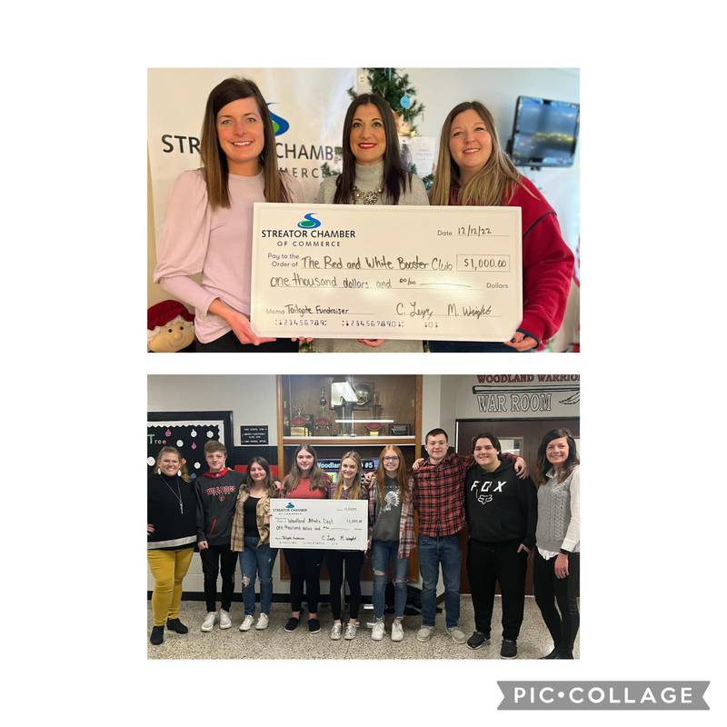 The Streator Chamber of Commerce presented the Streator High School Red and White Booster Club and Woodland Athletics each a check with proceeds from its Nov. 5 tailgate fundraiser.