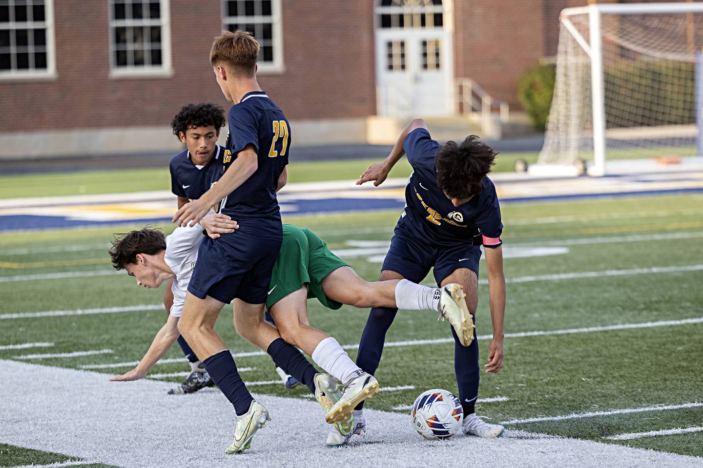 Alleman’s Caleb Kale gets tripped up by Sterling’s Liam Gardner Tuesday, Sept. 19, 2023 in a game at Sterling High School.